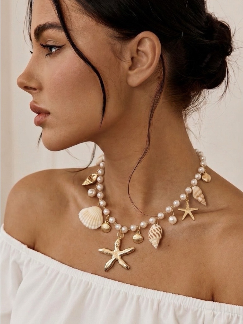 Source Unknown Pearl Necklace with Gold Sea Charms